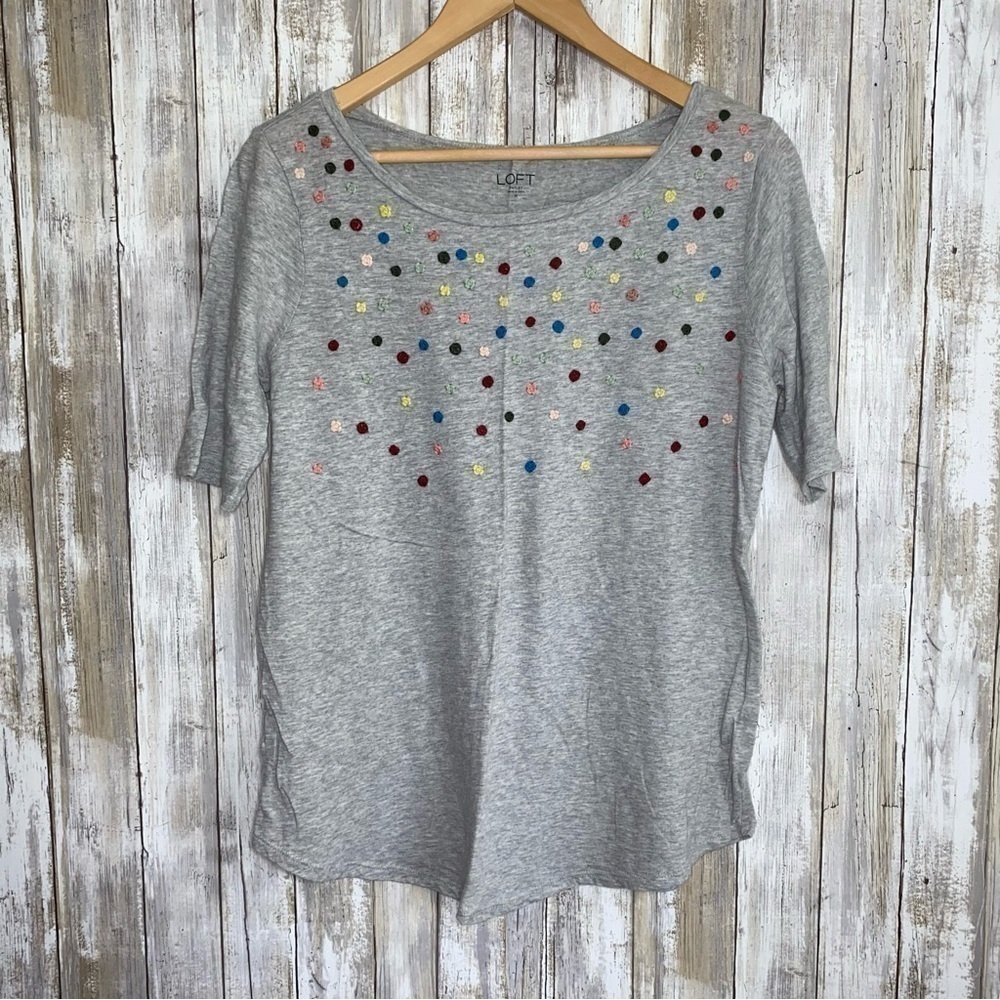 Loft Grey Embroidered Neck Floral Blouse